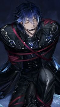  2boys absurdres ahoge arms_behind_back artist_name bdsm belt black_background black_belt black_coat black_pants black_shoes blue_hair bondage bound box_tie broad_shoulders coat commentary crotch_stomping double-parted_bangs drooling flins_(genshin_impact) gag genshin_impact hair_between_eyes highres knee_up long_coat long_hair looking_at_viewer male_focus multiple_belts multiple_boys narrowed_eyes nose open_clothes open_coat pants popped_collar pov pov_foot rerir_(genshin_impact) restrained saliva shoes sitting solo_focus stomping tentacle_with_hand tentacles thigh_strap twitter_username untranslatable_commentary very_long_hair vyqi yaoi yellow_eyes 