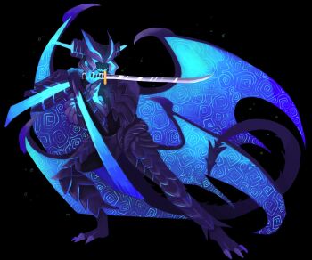  1boy alternate_form arms_up blue_eyes claws commentary commentary_request demon_wings devil_may_cry_(series) devil_trigger english_commentary full_body glowing glowing_eyes highres holding holding_sword holding_weapon horns male_focus sharp_teeth solo standing sword tail teeth thefrenchnugget vergil_(devil_may_cry) weapon wings yamato_(sword) 