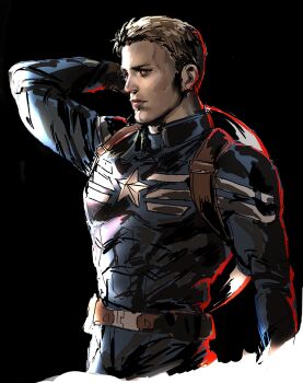  1boy absurdres arm_up belt blonde_hair blue_eyes blue_pants blue_shirt brown_belt captain_america captain_america_(series) closed_mouth commentary cropped_legs english_commentary highres long_sleeves male_focus marvel pants r2_heimer shield shield_on_back shirt short_hair solo steve_rogers unfinished 