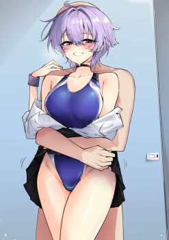  1boy 1girl :d absurdres alternate_costume alternate_hairstyle bare_shoulders black_choker black_skirt blue_one-piece_swimsuit blush breasts choker collarbone commentary_request competition_swimsuit cowboy_shot grin groin hair_between_eyes hetero highleg highleg_one-piece_swimsuit highres hug hug_from_behind indoors lifting_another's_clothes medium_breasts motion_lines off_shoulder one-piece_swimsuit open_clothes open_mouth open_shirt parted_lips pink_eyes purple_hair shirt short_hair skirt smile solo_focus swimsuit voiceroid white_shirt wristband yuzuki_yukari zooanime 