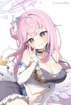  1girl alternate_costume arm_support bare_shoulders belt black_choker black_shorts blue_archive blue_belt blunt_bangs blush breasts choker cleavage cowboy_shot crop_top deep_skin detached_sleeves eyelashes feathered_wings flower frilled_shorts frills hair_bun hair_flower hair_intakes hair_ornament halo hand_up hashtag-only_commentary head_tilt highres icarus9854 large_breasts long_hair looking_at_viewer low_wings mika_(blue_archive) navel parted_lips pink_hair pink_halo purple_flower shorts simple_background single_side_bun smile solo stomach tsurime twitter_username very_long_hair white_background white_wings wings yellow_eyes 