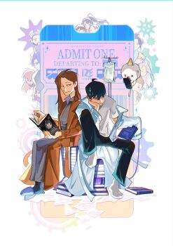  5boys 6+girls averting_eyes biyoo_(omniscient_reader's_viewpoint) black_shirt blush book book_stack coat coat_partially_removed collared_shirt commentary earbuds earphones english_commentary everyone full_body gong_pildu grassjellyg00d grin han_sooyoung hand_on_own_chin head_rest highres holding holding_book intravenous_drip jung_heewon kim_dokja knees_up lee_gilyoung lee_hyunsung lee_jihye lee_seolhwa lee_sookyung mini_person miniboy minigirl mother_and_son multiple_boys multiple_girls official_art_inset omniscient_reader's_viewpoint open_book paper pout shin_yoosung shirt sitting slippers smile sweatdrop trench_coat uriel_(omniscient_reader's_viewpoint) white_coat white_shirt yoo_joonghyuk yoo_sangah 