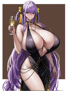 1girl absurdres alcohol bare_shoulders bb_(fate) bb_dubai_(fate) belly_chain black_dress blush braid braided_hair_rings breasts burj_khalifa center_opening chain champagne cleavage cocktail_dress cup dress drinking_glass fabulous fate/grand_order fate_(series) gold_chain gold_dress hair_ribbon hair_rings highres holding holding_cup jewelry large_breasts long_hair looking_at_viewer necklace purple_eyes purple_hair ribbon side_slit smile solo twin_braids very_long_hair wine_glass wolffeld_price yellow_ribbon 