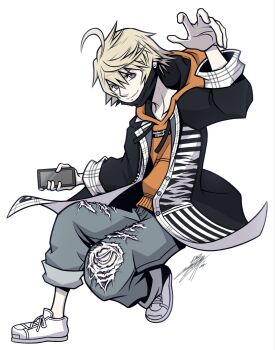 1boy ahoge black_coat black_mask blonde_hair brown_eyes cellphone closed_mouth clothes_writing coat denim ear_piercing eyebrows_hidden_by_hair face_mask holding holding_phone hoodie jeans kanade_rindo long_coat male_focus mask mouth_mask orange_hoodie pants phone piercing shin_subarashiki_kono_sekai shoes smartphone smile smirk standing standing_on_one_leg subarashiki_kono_sekai torn_clothes torn_jeans torn_pants white_shoes