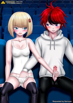  1boy 1girl 2025 absurdres bbmbbf blonde_hair blue_eyes blush breasts clothed_female_clothed_male commission commissioner_upload fingering handjob highres looking_at_another masturbation multicolored_hair oosuzuki_kurara open_mouth palcomix panties penis pietro's_secret_club purple_eyes red_hair short_hair shy small_breasts sumino_takumi the_hundred_line_-last_defense_academy- thighhighs underwear 