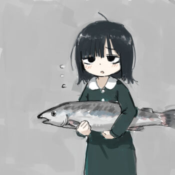  1girl ahoge black_eyes black_hair borrowed_character dress empty_eyes fish green_dress grey_background medium_hair original simple_background tsukumizu_yuu warautokui_(self-insert) 