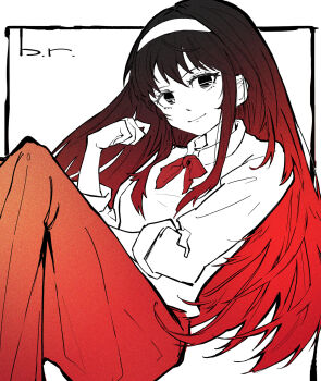  1girl black_hair bow bowtie breasts hairband highres initial long_hair long_skirt long_sleeves looking_at_viewer red_bow red_bowtie red_hair red_skirt ribbon rockmor shirt skirt sleeves_rolled_up small_breasts smile solo tohno_akiha toono_akiha tsukihime tsukihime_(remake) vermillion_akiha very_long_hair white_hairband 