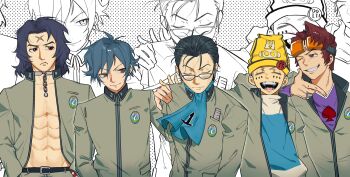  5boys abs absurdres ascot black_hair blue_ascot blue_hair brown_eyes brown_hair catfish05 chain closed_eyes closed_mouth eyewear_on_head glasses grey_jacket hand_on_another's_shoulder hands_in_pockets highres inaba_masao jacket kido_reiji long_sleeves looking_at_another looking_to_the_side male_focus medium_hair multiple_boys nanjou_kei open_clothes open_jacket open_mouth persona persona_1 red_eyes school_uniform short_hair simple_background smile spade_print st._hermelin_school_uniform toudou_naoya uesugi_hidehiko upper_body white_background yellow-hat zoom_layer 