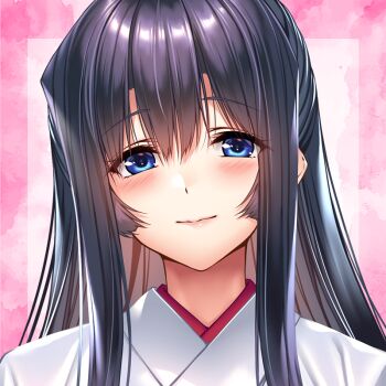  1girl amakano black_hair blue_eyes blush closed_mouth commentary_request cropped eyes_visible_through_hair hair_between_eyes kosode long_hair long_sidelocks looking_at_viewer official_art pink_background piromizu sidelocks smile solo takayashiro_sayuki 
