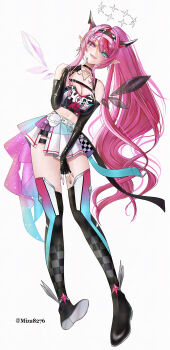  1girl absurdres asymmetrical_wings bandeau black_bandeau black_choker black_gloves black_horns blue_eyes boots breast_strap breasts checkered_clothes checkered_skirt choker cleavage commentary crystal_wings detached_wings double_halo earrings elbow_gloves english_commentary fingerless_gloves full_body gloves hair_ornament halo hand_up heart heart_hair_ornament heart_necklace heterochromia high_ponytail highleg highleg_panties highres hololive hololive_english horns irys_(hololive) irys_(race_queenrys)_(hololive) jewelry large_breasts leaning_to_the_side long_hair looking_at_viewer miniskirt miza8276 multicolored_hair navel necklace official_alternate_costume official_alternate_hairstyle panties panty_straps pink_hair pleated_skirt pointy_ears ponytail print_bandeau purple_eyes red_streaks sidelocks simple_background skirt solo standing star-shaped_pupils star_(symbol) star_hair_ornament star_halo streaked_hair symbol-shaped_pupils thigh_boots underwear very_long_hair virtual_youtuber visor_cap white_background white_skirt wings 