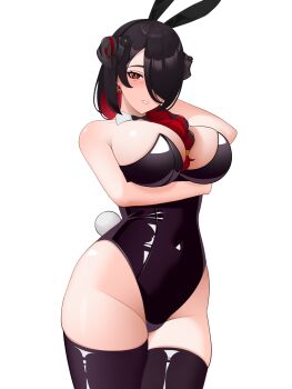  1girl absurdres animal_ear_hairband animal_ears arm_behind_head arm_under_breasts between_breasts black_bow black_bowtie black_hair black_hairband black_leotard black_thighhighs blush bow bowtie breasts bright_pupils colored_inner_hair commentary cowboy_shot detached_collar drey525 earrings english_commentary fake_animal_ears fake_tail flower groin hair_between_breasts hair_flower hair_ornament hair_over_one_eye hairband highleg highleg_leotard highres hololive hololive_english horns jewelry large_breasts leotard long_hair looking_at_viewer mamarissa mature_female mole mole_under_eye multicolored_hair one_eye_covered parted_bangs parted_lips playboy_bunny rabbit_ear_hairband rabbit_ears rabbit_tail red_eyes red_hair simple_background smile solo strapless strapless_leotard tail thick_thighs thighhighs thighs two-tone_hair virtual_youtuber white_background white_pupils 