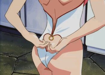  1990s 1991 1994 1boy 1girl animated animated_gif ass ass_focus butt_crack clothing_cutout dressing dressing_another future_gpx_cyber_formula heart_cutout henri_claytor official_art shinohara_megumi swimsuit zipping 
