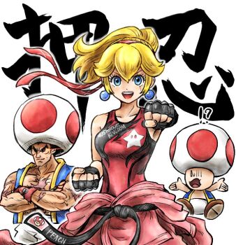  1girl 2boys black_hair blonde_hair blue_eyes breasts cosplay crossover earrings fingerless_gloves gloves jewelry kicdon lidia_sobieska long_hair mario_(series) mishima_kazuya multiple_boys muscular muscular_male mushroom nintendo princess_peach punching shoes short_hair sleeveless super_smash_bros. surprised tekken toad toad_(cosplay) toad_(mario) 