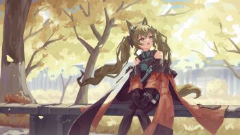 1girl :d absurdres angelina_(arknights) animal_ear_fluff animal_ears arknights arknights:_endfield artist_name autumn bare_shoulders black_thighhighs blurry blurry_background bracelet brown_hair building coat commentary day dot_nose dress feet_out_of_frame floating_hair fox_ears fox_girl fox_tail gilberta_(arknights) grey_dress headpiece high_collar highres incredibly_absurdres infection_monitor_(arknights) jewelry knees_together_feet_apart lerrorkitty long_hair long_sleeves looking_to_the_side looking_up making-of_available off_shoulder open_clothes open_coat open_mouth orange_eyes outdoors red_coat scenery sitting sleeveless sleeveless_dress smile solo stone_bench tail teeth thighhighs tree twintails upper_teeth_only 