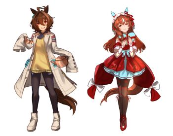  2girls agnes_tachyon_(tach-nology)_(umamusume) agnes_tachyon_(umamusume) ahoge animal_ears black_necktie black_pantyhose black_thighhighs blush bow box breasts brown_hair closed_mouth coat cork cup detached_sleeves dress ear_covers ear_ribbon earrings hair_between_eyes hair_ornament heart-shaped_box holding holding_cup holding_teapot horse_ears horse_girl horse_tail huge_ahoge jewelry lab_coat long_hair long_sleeves looking_at_viewer martypcsr medium_hair multiple_girls necktie open_mouth pantyhose red_dress red_eyes red_ribbon ribbon shoes short_necktie simple_background single_earring sleeves_past_fingers sleeves_past_wrists smile still_in_love_(scarlet_vow_raiment)_(umamusume) still_in_love_(umamusume) string sugar_cube sweater sweater_vest tail teacup teapot test_tube thighhighs umamusume veil white_background white_coat white_streaks white_veil wolf_cut yellow_sweater yellow_sweater_vest 