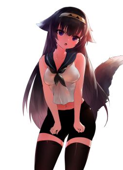  1girl :o absurdres bad_id bad_pixiv_id bare_arms bare_shoulders bike_shorts black_neckerchief black_sailor_collar black_shorts breasts breasts_squeezed_together brown_hair collarbone dokomon fang fingernails girls'_frontline hair_between_eyes hair_flaps hairband head_tilt highres kemonomimi_mode long_hair medium_breasts navel neckerchief open_mouth purple_eyes sailor_collar school_uniform serafuku shirt short_shorts shorts simple_background sleeveless sleeveless_shirt solo super_sass_(girls'_frontline) tail tail_raised thighhighs third-party_edit very_long_hair white_background white_shirt  rating:Explicit score:7 user:godfinger1