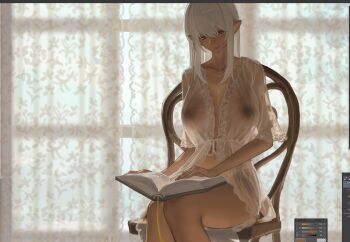  1girl art_program_in_frame book breasts chair curtains dark-skinned_female dark_skin elf highres indoors large_breasts lingerie long_hair nipples on_chair original panties pointy_ears reading reido_(reido_c) see-through_clothes sitting smile solo underwear white_hair 