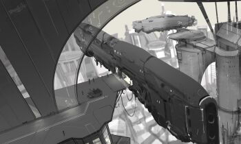  aircraft car commentary day english_commentary grand_scale greyscale highres manavu monochrome motor_vehicle original people scenery science_fiction signature urban watermark 