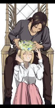  2girls 35ohama_yu blonde_hair breasts brown_hair brown_pants chair closed_eyes closed_mouth collared_shirt commentary_request freckles grey_shirt hair_between_eyes head_wreath highres holding_head_wreath krista_lenz long_hair long_skirt looking_at_another low_ponytail medium_breasts multiple_girls pants parted_bangs parted_lips pink_skirt ponytail shingeki_no_kyojin shirt sitting skirt smile white_background white_shirt ymir_(shingeki_no_kyojin) yuri 