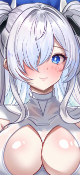 1girl absurdres blue_eyes blush breasts cinderella_(glass_princess)_(nikke) cinderella_(nikke) cleavage cleavage_cutout clothing_cutout goddess_of_victory:_nikke hair_over_one_eye highres jewelry large_breasts light_smile long_hair looking_at_viewer nekoponart smile solo straight-on twintails upper_body wallpaper_forced white_hair