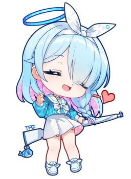  1girl aqua_hair aqua_shirt arona_(blue_archive) artist_name blue_archive blue_halo bow bow_hairband bowtie braid chibi chibi_only choker closed_eyes colored_inner_hair eyes_visible_through_hair facing_viewer footwear_bow full_body gun hair_ornament hair_over_one_eye hairband halo hand_up heart holding holding_gun holding_weapon long_sleeves making-of_available medium_hair multicolored_hair open_mouth pink_hair pink_skirt pleated_skirt puffy_long_sleeves puffy_sleeves sailor_collar sailor_shirt school_uniform serafuku shirt shoes side_braid simple_background single_braid skirt smile solo standing tfg. two-sided_fabric two-sided_skirt two-tone_hair umbrella_gun weapon weapon_on_back white_background white_bow white_bowtie white_choker white_hairband white_sailor_collar white_shoes white_skirt 