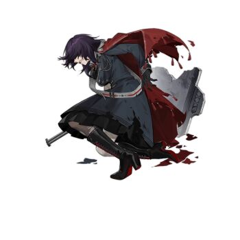  1girl artist_request asymmetrical_legwear black_boots black_dress black_gloves black_pantyhose blood blood_on_face boots breasts broken_shield cape clenched_teeth combination_gun dress from_side full_body girls'_frontline gloves gun hair_over_eyes high_heel_boots high_heels holding holding_gun holding_weapon lace-up_boots large_breasts long_sleeves m6_aircrew_survival_weapon m6_asw_(girls'_frontline) medium_hair mismatched_legwear multiple-barrel_gun official_art on_one_knee pantyhose purple_hair red_cape rifle scar scar_on_arm scar_on_leg shield shoe_soles shotgun simple_background solo survival_rifle teeth torn_cape torn_clothes torn_dress transparent_background uniform weapon white_pantyhose 