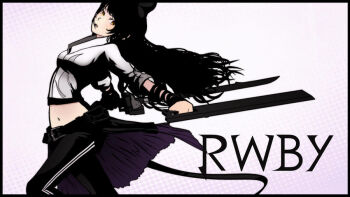  black_hair blake_belladonna long_hair made_in_2014 monty_oum official_art pants ribbon rwby sword tagme weapon yellow_eyes  rating:General score:6 user:TheSittingTraveller