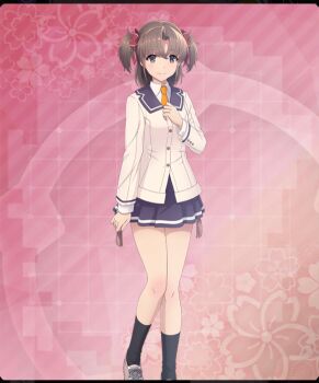  1girl black_socks blazer blue_skirt brown_hair brown_shoes buttons closed_mouth feet_out_of_frame floral_background game_cg hand_on_own_chest inami_suu jacket knee_up layered_sleeves long_sleeves looking_at_viewer medium_hair necktie official_art parted_bangs pink_background purple_eyes renpu_girls_school_uniform school_uniform shirt shoes short_twintails sidelocks skirt smile socks solo tassel third-party_source toji_no_miko toji_no_miko:_kizamishi_issen_no_tomoshibi twintails variant_set white_jacket white_shirt yellow_necktie 