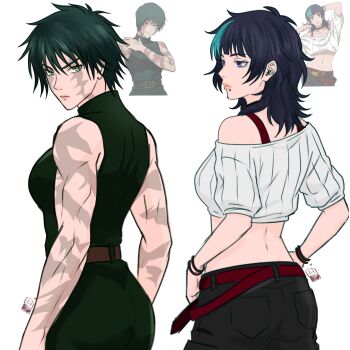  2girls aqua_streaks black_hair breasts burn_scar chin_piercing chococurrent commentary cowboy_shot english_commentary face_piercing from_behind genderswap genderswap_(mtf) green_eyes green_hair green_pants green_shirt highres hoshi_kirara jujutsu_kaisen medium_breasts medium_hair multicolored_hair multiple_girls multiple_scars muscular muscular_female pants piercing purple_eyes reference_inset scar scar_on_arm scar_on_face scar_on_shoulder scars_all_over shirt sleeveless sleeveless_shirt streaked_hair too_many wolf_cut zen'in_maki zen'in_maki_(post_shibuya) 