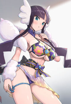  1girl absurdres adapted_costume arm_warmers bare_shoulders bikini black_hair blue_eyes blunt_bangs blush breasts commentary_request elesa_(pokemon) elesa_(sygna_suit)_(alt.)_(pokemon) floral_print floral_print_bikini gonzarez highres large_breasts long_hair looking_at_viewer multicolored_hair navel nintendo official_alternate_costume pokemon pokemon_masters_ex print_bikini purple_bikini sidelocks simple_background solo stomach swimsuit 