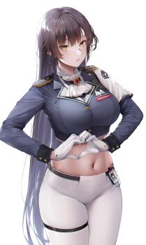  1girl absurdres ascot belt black_belt black_jacket breasts brown_eyes brown_hair closed_mouth commentary cowboy_shot crop_top cropped_jacket de_yai_shui_yan_di epaulettes gloves goddess_of_victory:_nikke hair_between_eyes heart heart_hands highres id_card jacket large_breasts long_hair long_sleeves looking_at_viewer marciana_(nikke) midriff military_jacket name_tag navel navel_piercing pants piercing sidelocks simple_background skindentation skirt solo standing taut_jacket thigh_strap tight_clothes tight_pants untranslatable_commentary very_long_hair white_ascot white_background white_gloves white_pants 