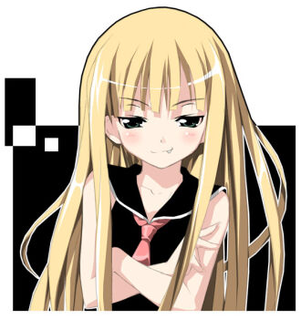 00s bare_shoulders blonde_hair blue_eyes blush crossed_arms evangeline_a.k._mcdowell fang green_eyes kantoku long_hair mahou_sensei_negima! school_uniform serafuku sleeveless solo vampire rating:Sensitive score:15 user:danbooru
