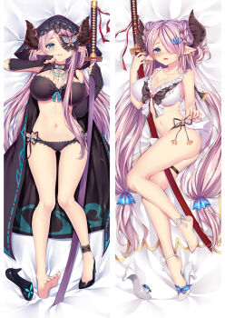  1girl bikini black_cloak black_gloves blue_eyes breasts brown_horns cloak commentary_request dakimakura_(medium) draph fingerless_gloves full_body gloves granblue_fantasy hair_over_one_eye high_heels holding holding_sword holding_weapon horns katana large_breasts long_hair looking_at_viewer lying moeanime multiple_views narmaya_(granblue_fantasy) narmaya_(summer)_(granblue_fantasy) narmaya_(the_black_butterfly)_(granblue_fantasy) navel official_alternate_costume on_back pink_hair pointy_ears saya_(scabbard) shoes single_shoe swimsuit sword twintails unworn_shoes weapon white_bikini 