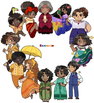  4boys 6+girls absurdres agustin_madrigal alma_madrigal antonio_madrigal brown_eyes brown_hair bruno_madrigal camilo_madrigal colombian_clothes commentary_request curly_hair dark-skinned_female dark-skinned_male dark_skin dolores_madrigal dress earrings encanto family felix_madrigal glasses green-framed_eyewear highres isabela_madrigal jewelry julieta_madrigal luisa_madrigal mirabel_madrigal multiple_boys multiple_girls pepa_madrigal poncho round_eyewear shirt short_hair simple_background skirt smile sweetp247 white_shirt 