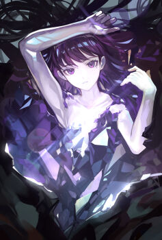  1girl arm_up bang_dream! bang_dream!_it's_mygo!!!!! black_hair commentary_request commission german_commentary hair_spread_out highres long_hair looking_at_viewer nude parted_lips purple_eyes second-party_source shiina_taki solo wb_yimo 