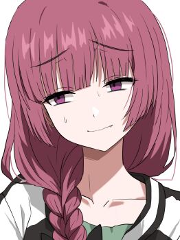  1girl averting_eyes blunt_bangs bocchi_the_rock! braid braided_ponytail closed_mouth commentary fang fang_out furrowed_brow hair_over_shoulder halulu highres hiroi_kikuri jacket long_hair nervous_smile nervous_sweating pink_hair portrait purple_eyes simple_background single_braid smile solo sweat sweatdrop white_background 