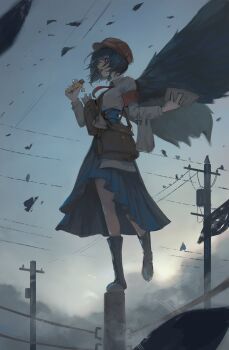  1girl absurdres alternate_costume alternate_headwear armband bag bird_wings black_boots black_hair black_wings blue_skirt boots breasts brown_hat candy chocolate chocolate_bar collared_shirt commentary_request eating feathered_wings food full_body hat high-waist_skirt highres holding holding_food holding_newspaper long_sleeves medium_breasts necktie newspaper pleated_skirt red_armband red_eyes red_necktie sashimi_oniku shameimaru_aya shirt short_hair shoulder_bag skirt solo standing touhou utility_pole white_shirt wings  rating:General score:1 user:danbooru