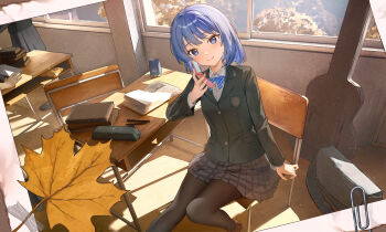  3girls absurdres alternate_costume autumn_leaves black_pantyhose blazer blue_bow blue_bowtie blue_eyes blue_hair blush book bow bowtie chair chinese_commentary classroom closed_mouth collared_shirt commentary_request day highres holding holding_phone hololive hoshimachi_suisei jacket leaf long_sleeves looking_at_viewer maple_leaf multiple_girls oeuia on_chair open_book pantyhose phone photo_(object) pleated_skirt pocket school_chair school_uniform shirt short_hair sitting skirt smile solo_focus star_(symbol) star_in_eye striped_bow striped_bowtie striped_clothes sunlight symbol_in_eye tree virtual_youtuber white_shirt window 