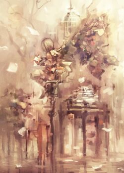  1girl bad_id bad_pixiv_id birdcage cage faux_traditional_media female_focus from_behind sepia short_hair sitting solo speed_painting traplus  rating:Sensitive score:5 user:danbooru