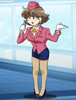  1girl agent_aika aika_(series) blush breasts brown_eyes brown_hair brown_pantyhose delmogeny_uniform earrings highres jewelry kuroyoshi large_breasts microphone microskirt open_mouth pantyhose pink_delmo short_hair skirt smile suzie_(agent_aika)  rating:Sensitive score:4 user:tanaab1234567890