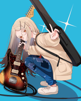  1girl blonde_hair blue_background blue_pants brown_robe chain closed_mouth colored_eyelashes commentary_request denim earrings electric_guitar fender_jazzmaster flipped_hair from_side full_body gakuen_idolmaster glasses gradient_hair grey_hair guitar guitar_case highres holding holding_guitar holding_instrument idolmaster instrument instrument_case instrument_case_on_back jeans jewelry leaning_forward light_blush looking_at_viewer multicolored_hair open_clothes open_robe orange-framed_eyewear orange_eyes pants parted_bangs retsuna robe round_eyewear shinosawa_hiro shoes smile solo squatting stud_earrings v white_shoes 