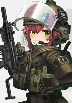  1girl absurdres black_shirt brown_gloves brown_hair brown_helmet brown_jacket closed_mouth commentary ear_protection english_commentary gloves green_eyes grey_background gun h&amp;k_mp5 hair_between_eyes hand_up headset helmet highres holding holding_gun holding_weapon iwasawayuki jacket layered_sleeves long_sleeves looking_at_viewer original shirt short_over_long_sleeves short_sleeves simple_background smile solo submachine_gun weapon 