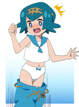  1girl accidental_exposure assisted_exposure blue_eyes blue_hair blue_pants blush clothes_pull embarrassed lana_(pokemon) navel nintendo non-web_source panties pants pants_falling pants_pull pantsing pokemon shirt sleeveless sleeveless_shirt underwear yume_yoroi 