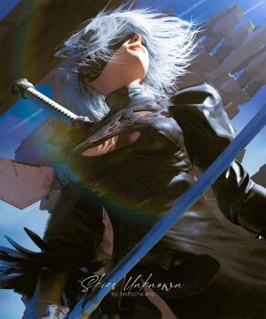  1girl 2b_(nier:automata) black_hairband blindfold cleavage_cutout clothing_cutout covered_eyes feather-trimmed_sleeves feather_trim hairband highleg highleg_leotard highres juliet_sleeves leotard long_sleeves mole mole_under_mouth nier:automata nier_(series) puffy_sleeves selescha.arts solo white_hair white_leotard 