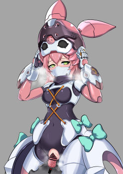  1girl absurdres animegao aria_(zenless_zone_zero) bar_censor black_bodysuit bodysuit breasts catstudioinc_(punepuni) censored commentary cosplay dildo english_commentary green_eyes grey_background half-closed_eyes highres kigurumi loli looking_at_viewer mask mask_lift medium_breasts mouth_mask object_insertion pink_hair pussy robot_costume sex_toy skin_tight solo standing vaginal vaginal_object_insertion zenless_zone_zero 