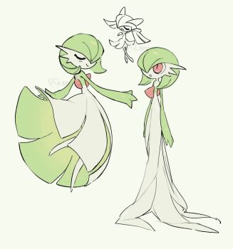  artist_name bob_cut closed_eyes colored_skin dress gardevoir gen_3_pokemon green_hair green_skin hair_over_one_eye hashtag-only_commentary horns kirlia multicolored_skin nintendo pink_eyes pokemon pokemon_(creature) signature smile sok_(mr14_c) two-tone_skin white_dress white_skin 