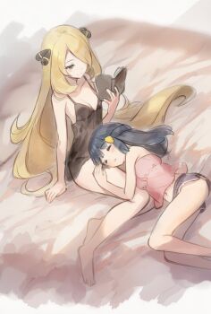  0ldd0r0thy 2girls age_difference ai-generated artist_request barefoot blonde_hair blue_hair book closed_mouth cynthia_(pokemon) dawn_(pokemon) feet feet_out_of_frame female_focus full_body holding holding_book loli long_hair lying multiple_girls nintendo open_mouth pokemon pokemon_dppt sleeping smile toes yuri 
