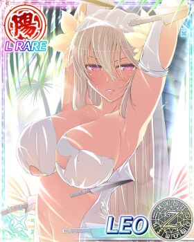  1girl armpits arms_up blonde_hair bra breasts bridal_veil bride card_(medium) character_name commentary_request dress flower gloves hair_between_eyes hair_flower hair_ornament kunai large_breasts leo_(senran_kagura) long_hair looking_at_viewer navel official_art palm_tree parted_lips purple_eyes senran_kagura senran_kagura_new_wave solo stomach torn_bra torn_clothes torn_dress trading_card tree underwear veil very_long_hair weapon wedding_dress white_bra yaegashi_nan 