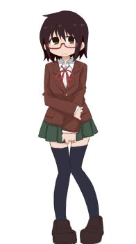 1girl black_thighhighs blush brown_eyes brown_hair brown_jacket brown_shoes closed_mouth collared_shirt embarrassed female_focus full_body glasses green_skirt have_to_pee holding_own_arm jacket knees_together_feet_apart long_sleeves looking_at_viewer matching_hair/eyes miniskirt neck_ribbon nose_blush original pigeon-toed pleated_skirt ponnu_(tnpn2yw) red-framed_eyewear red_ribbon ribbon school_uniform semi-rimless_eyewear shirt shoes short_hair sidelocks simple_background skirt solo standing thighhighs white_background white_shirt