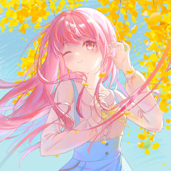  1girl absurdres autumn blue_skirt blue_sky bow bowtie brown_eyes buttons center_frills chinese_commentary closed_mouth collarbone collared_shirt commentary_request day dress_shirt eyelashes falling_leaves frills ginkgo_leaf grey_shirt hand_in_own_hair haohe_de_xiao_mizhou happy high-waist_skirt highres leaf light_blush light_particles lips long_hair long_sidelocks long_sleeves nikki_(nikki) nikki_(series) nikki_up2u2:_world_traveller one_eye_closed outdoors pink_hair pleated_skirt puffy_long_sleeves puffy_sleeves shirt sidelocks skirt sky smile solo suspender_skirt suspenders tree upper_body very_long_hair wind yellow_bow yellow_bowtie 